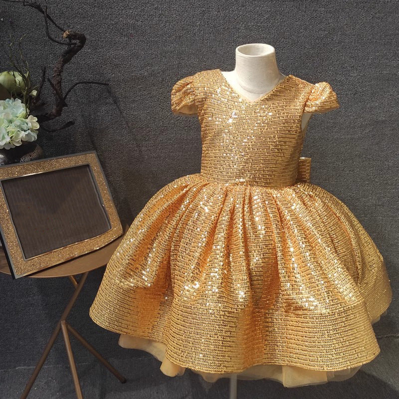 Elegante vestido de lentejuelas doradas para niña, vestido de princesa de primera comunión para niña pequeña 