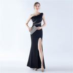 New shoulder craft order ostrich hair hot diamond high-end evening dress