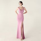 New cross-pleated hollow mesh deep V-neck evening dress slim banquet robe