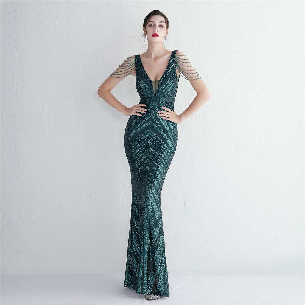 Positioning flower beaded evening dress long banquet slim evening dress temperament elegant long sequins