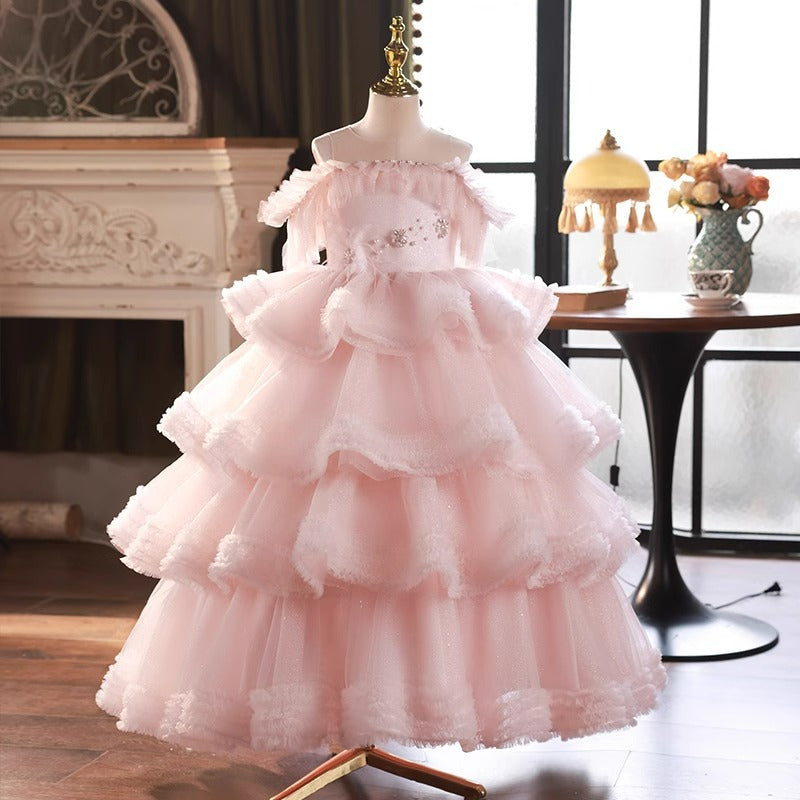 Elegante Baby-Festkleider, Kleinkind-Kommunionkleid aus Netzstoff 