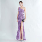 Positioning flower beads single shoulder diagonal collar side split fork long evening dress