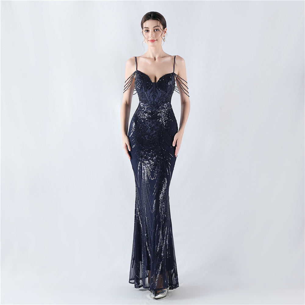 New waist fish bone shaping positioning flower beads live streaming host sexy bead suspender evening dress