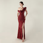 New single shoulder pleated ruffle edge pendant bead chain sequined evening dress, banquet wedding red carpet