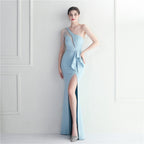 Craft beaded mesh yarn perspective split fork European and American sexy dress long