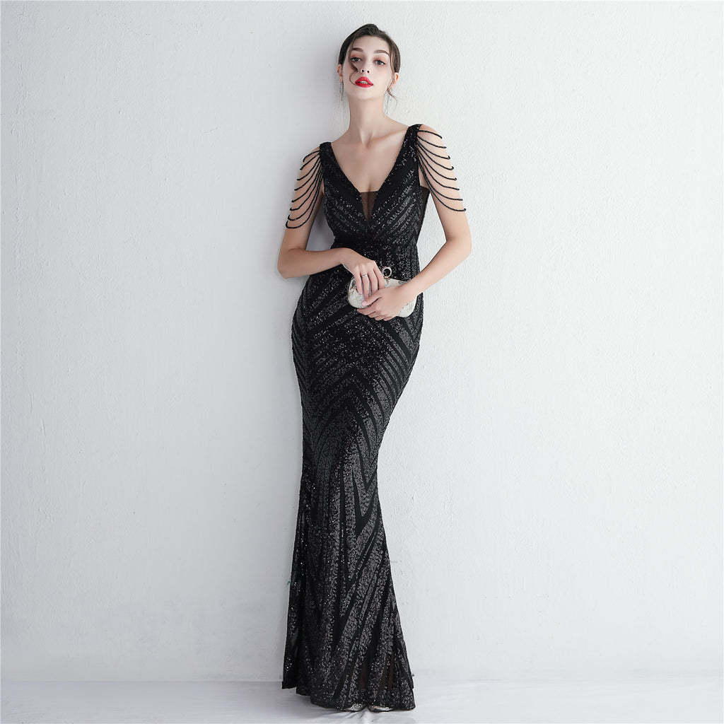 Positioning flower beaded evening dress long banquet slim evening dress temperament elegant long sequins