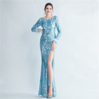 High-density ostrich hair beads long-sleeved fishtail high-end evening dress