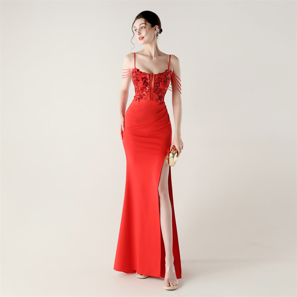 New bead tube craft fishbone strap waist formal banquet dance suspender sequined evening dress