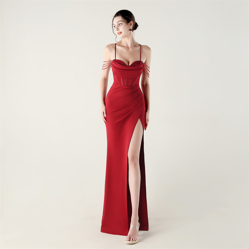 New evening dress, heavy industry beads, fish bone styling straps, waist fish tail, sexy banquet evening dress