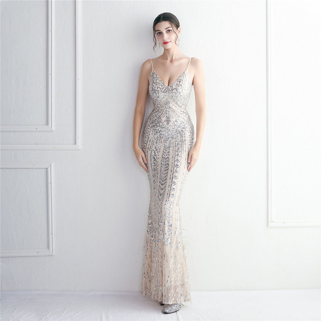 Positioning flower suspender party sequined dress long banquet slim evening dress temperament fishtail skirt