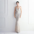 Positioning flower suspender party sequined dress long banquet slim evening dress temperament fishtail skirt