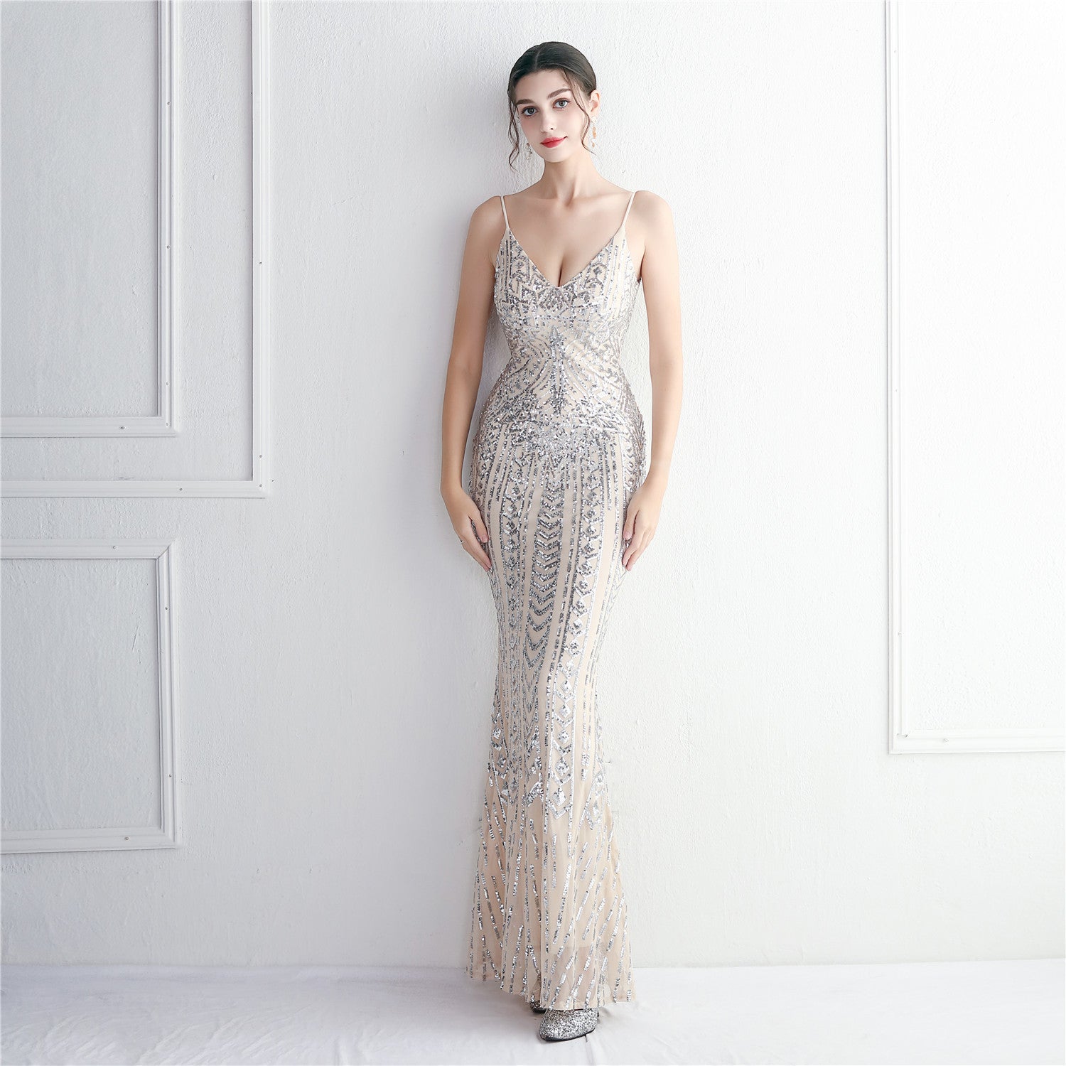 Positioning flower suspender party sequined dress long banquet slim evening dress temperament fishtail skirt