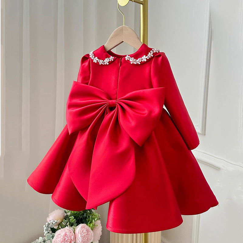 Lindo vestido de princesa rojo con cuello de muñeca de flores para niña, vestido de primera comunión para niña pequeña 