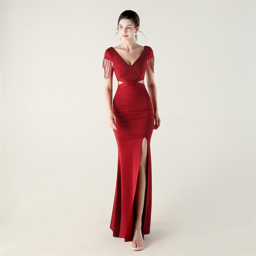 New folding positioning process bead chain shoulder decoration deep V hollow thin banquet evening dress
