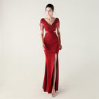 New folding positioning process bead chain shoulder decoration deep V hollow thin banquet evening dress