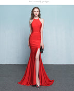 New fashionable long red fishtail neck wedding banquet evening dress