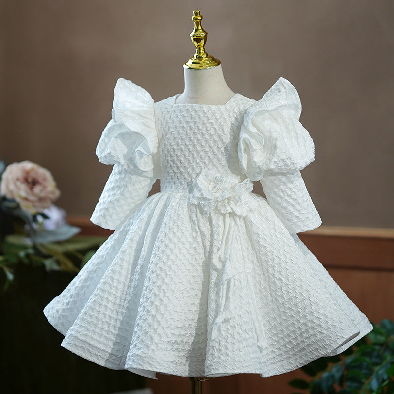 Blumenmädchenkleid, Kleinkind, Prinzessin, Weiß, Langärmelig, Puffärmel, Taufkleid, Festkleid für Taufe, Kommunion, Taufe 