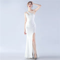 New craft beaded satin single shoulder diagonal collar long evening dress
