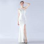 New craft beaded satin single shoulder diagonal collar long evening dress