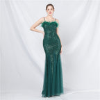 New craft order ostrich hair mesh bead long evening dress