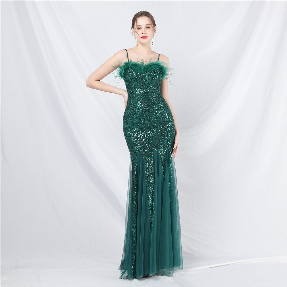 New craft order ostrich hair mesh bead long evening dress