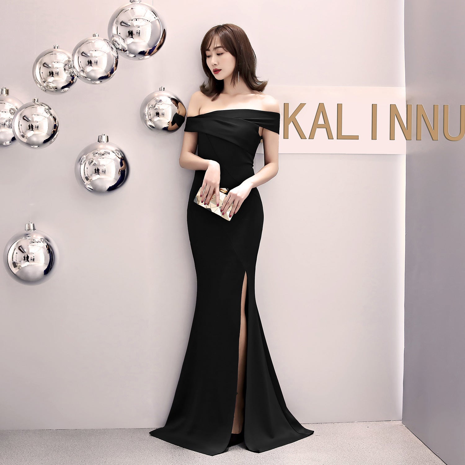 One-word shoulder banquet evening dress women's fashion party long elegant and thin sexy fishtail dress