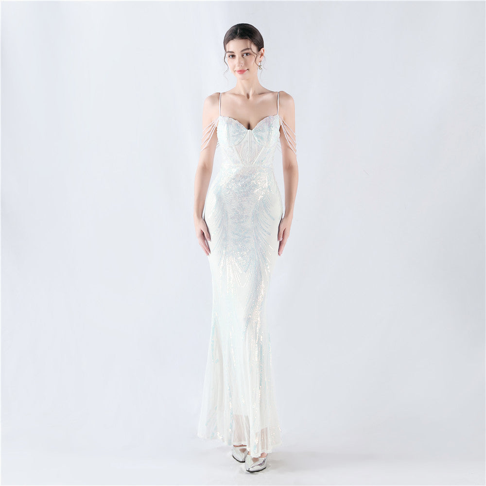 New waist fish bone shaping positioning flower beads live streaming host sexy bead suspender evening dress
