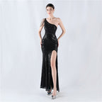 Dress positioning flower bead piece craft bead single shoulder oblique neck high fork evening dress