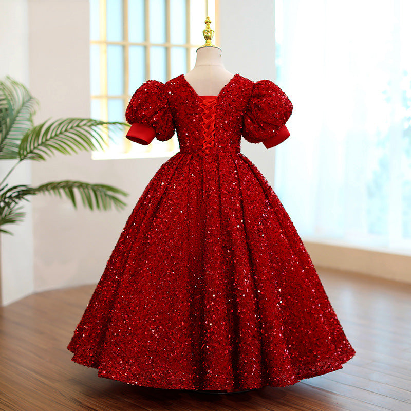 Mädchen Weihnachtskleid, Kommunionskleid, rotes Paillettenkleid mit Rundhalsausschnitt, Geburtstagskleid, Prinzessinnenkleid 