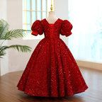Mädchen Weihnachtskleid, Kommunionskleid, rotes Paillettenkleid mit Rundhalsausschnitt, Geburtstagskleid, Prinzessinnenkleid 