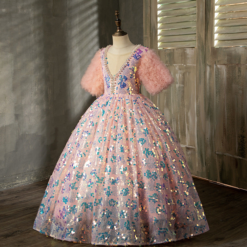 Vestido de niña de las flores para niñas, elegante, para desfile, comunión, lentejuelas, vestido de fiesta de cumpleaños hinchado 