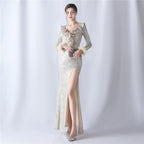 High-end evening dress decorated with ostrich hair craft wavy beads