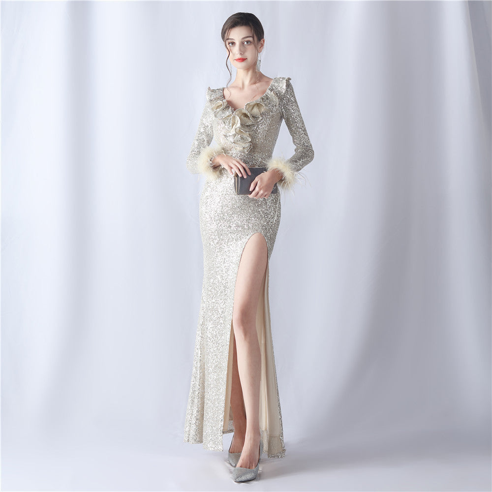 High-end evening dress decorated with ostrich hair craft wavy beads