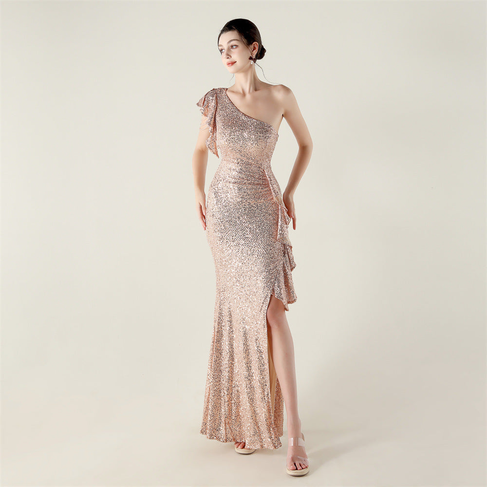 New single shoulder ruffle pendant bead chain handmade sequined evening dress, banquet party wedding
