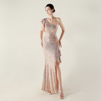New single shoulder ruffle pendant bead chain handmade sequined evening dress, banquet party wedding