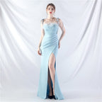 New double-tied waist-shaped ear-adjusted satin evening dress