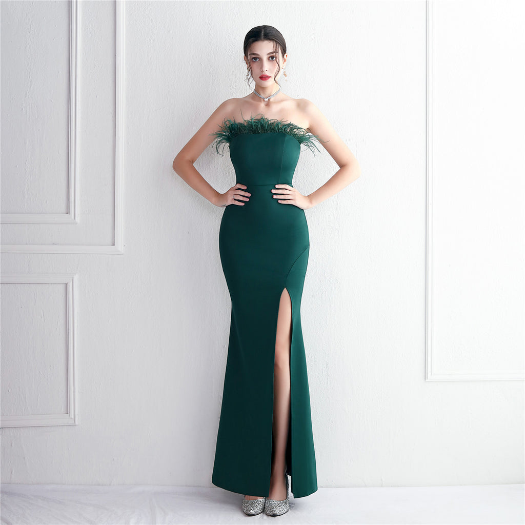 New toasting clothes Bride long tube top Thank you banquet feather fishtail skirt Wedding car model Exhibition dress