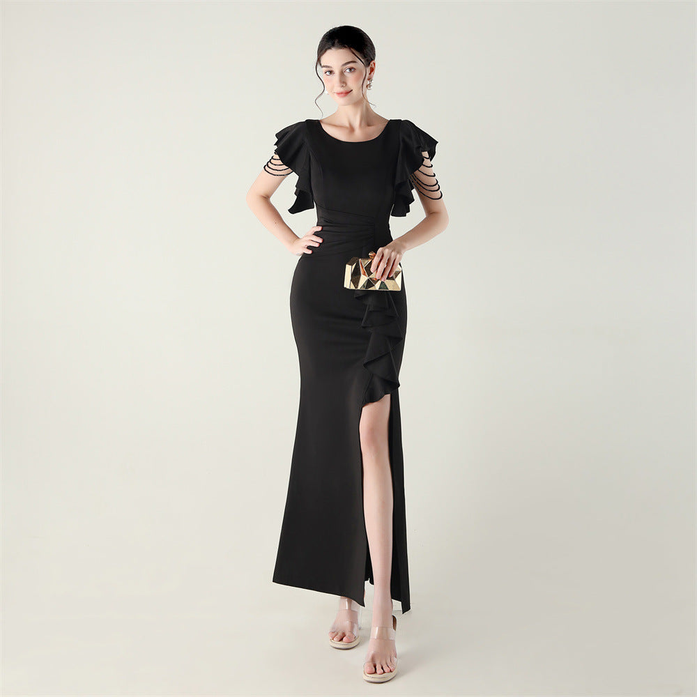 Heavy Industry Bead Tube Satin Evening Dress Deep V Lotus Leaf Pendant Bead Chain Bead Ordering Banquet Skirt