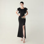 Heavy Industry Bead Tube Satin Evening Dress Deep V Lotus Leaf Pendant Bead Chain Bead Ordering Banquet Skirt