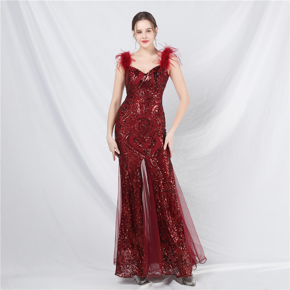New craft ostrich hair mesh yarn beads high-end long dress skirt