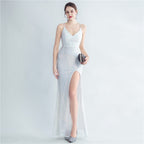 New high-density sequins bundled waist styling side split high-end evening dress