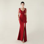 New bead pressing and folding process deep V-neck evening dress slim banquet robe