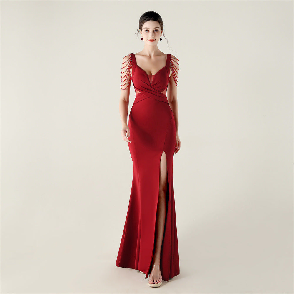 New bead pressing and folding process deep V-neck evening dress slim banquet robe