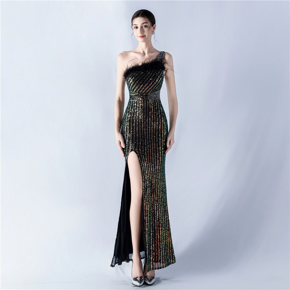 Heavy industry beaded hair single shoulder diagonal collar high fork sequined dinner dress