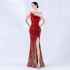 New extended ostrich hair beaded sequined single shoulder diagonal neck high fork evening dress