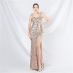 New evening dress craft beaded ostrich hair beads side split evening dress