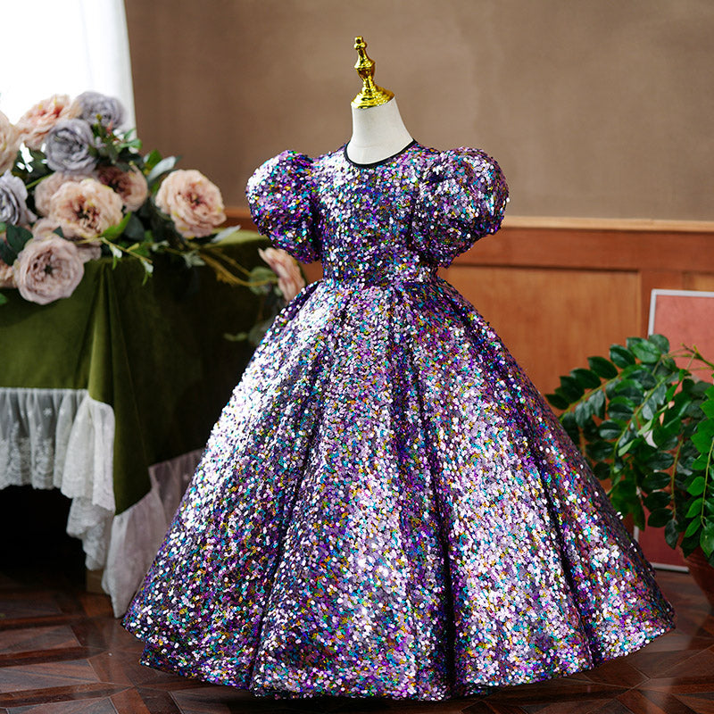 Flower Girl Dress Children Communion Birthday Party Dress Purple Sequins Pageant Dress