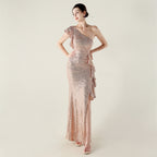 New single shoulder ruffle pendant bead chain handmade sequined evening dress, banquet party wedding