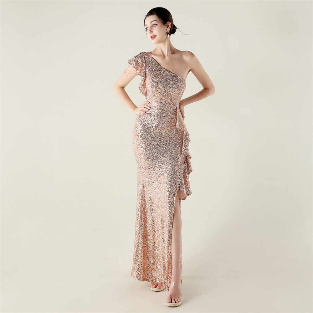 New single shoulder ruffle pendant bead chain handmade sequined evening dress, banquet party wedding