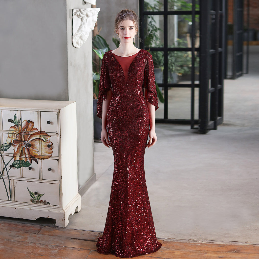 Angel wings sequined fishtail banquet elegant temperament annual meeting host car model party dress female summer